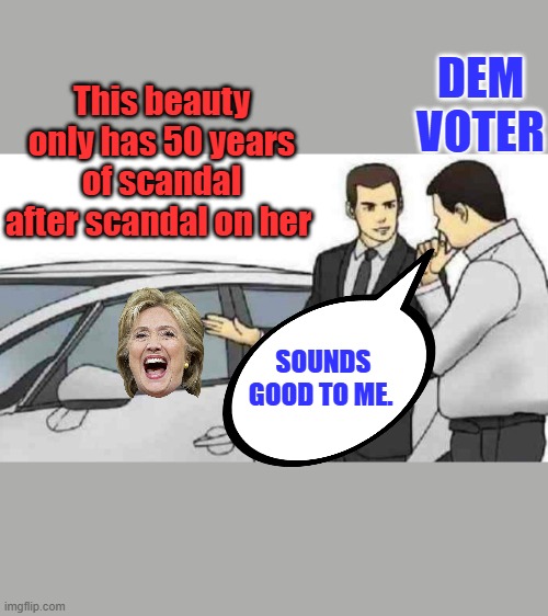 MSM sales you another lemon | DEM VOTER; This beauty only has 50 years of scandal after scandal on her; SOUNDS GOOD TO ME. | image tagged in memes,car salesman slaps roof of car | made w/ Imgflip meme maker