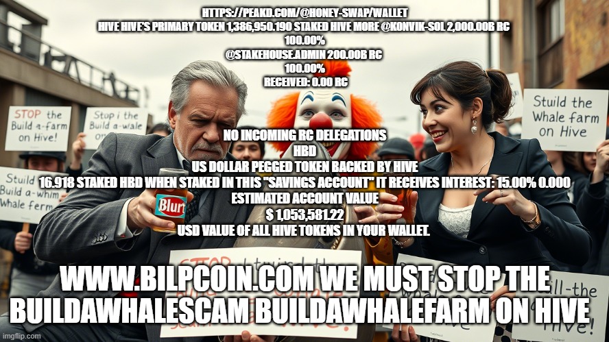 HTTPS://PEAKD.COM/@HONEY-SWAP/WALLET
HIVE HIVE'S PRIMARY TOKEN 1,386,950.190 STAKED HIVE MORE @KONVIK-SOL	2,000.00B RC	
100.00%
@STAKEHOUSE.ADMIN	200.00B RC	
100.00%
 RECEIVED: 0.00 RC; NO INCOMING RC DELEGATIONS
HBD
US DOLLAR PEGGED TOKEN BACKED BY HIVE
16.918 STAKED HBD WHEN STAKED IN THIS "SAVINGS ACCOUNT" IT RECEIVES INTEREST: 15.00% 0.000
ESTIMATED ACCOUNT VALUE
$ 1,053,581.22
USD VALUE OF ALL HIVE TOKENS IN YOUR WALLET. WWW.BILPCOIN.COM WE MUST STOP THE BUILDAWHALESCAM BUILDAWHALEFARM ON HIVE | made w/ Imgflip meme maker