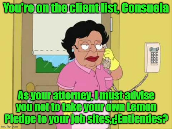 And So It Begins | You're on the client list, Consuela; As your attorney, I must advise you not to take your own Lemon Pledge to your job sites,¿Entiendes? | image tagged in memes,consuela | made w/ Imgflip meme maker