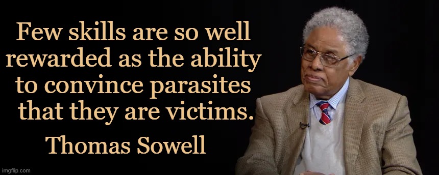 Interesting Quote by Thomas Sowell | Few skills are so well 
rewarded as the ability 
to convince parasites 
that they are victims. Thomas Sowell | image tagged in wise man,victims,parallel universe,liberalism,parasites | made w/ Imgflip meme maker