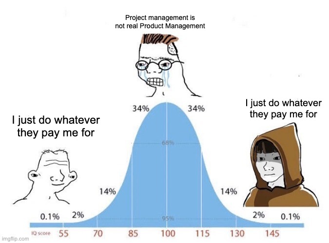 Bell Curve | Project management is not real Product Management; I just do whatever they pay me for; I just do whatever they pay me for | image tagged in bell curve | made w/ Imgflip meme maker