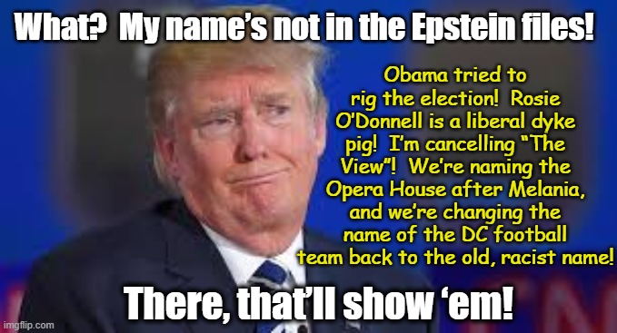 T-Rump Distracts from Epstein Files | Obama tried to rig the election!  Rosie O’Donnell is a liberal dyke pig!  I’m cancelling “The View”!  We’re naming the Opera House after Melania, and we’re changing the name of the DC football team back to the old, racist name! What?  My name’s not in the Epstein files! There, that’ll show ‘em! | image tagged in nevertrump meme,maga,donald trump is an idiot,jeffrey epstein,pedophiles,trump is a moron | made w/ Imgflip meme maker