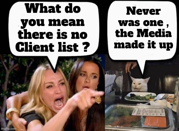 Don't eat the Cat | What do you mean there is no Client list ? Never was one , the Media made it up | image tagged in don't eat the cat | made w/ Imgflip meme maker