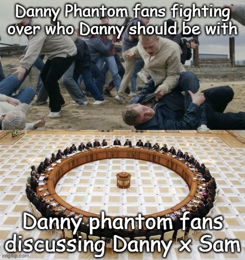 Shipping in Danny Phantom 2 | Danny Phantom fans fighting over who Danny should be with; Danny phantom fans discussing Danny x Sam | image tagged in men discussing men fighting,danny phantom,nickelodeon,sam manson | made w/ Imgflip meme maker