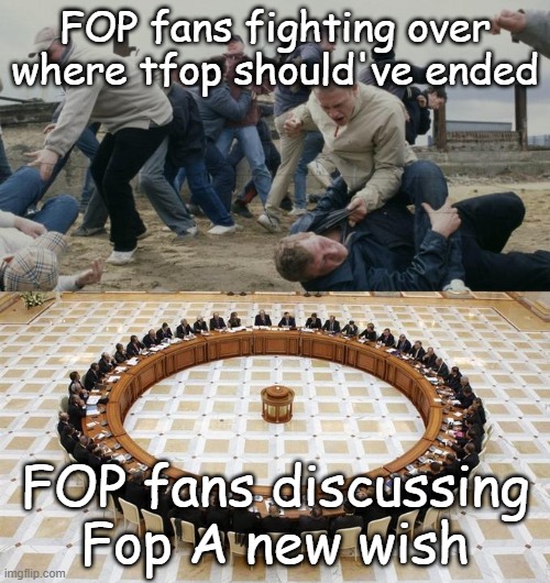 FOP fans in a nutshell | FOP fans fighting over where tfop should've ended; FOP fans discussing Fop A new wish | image tagged in men discussing men fighting,the fairly oddparents,fairly odd parents,nickelodeon,fandom | made w/ Imgflip meme maker