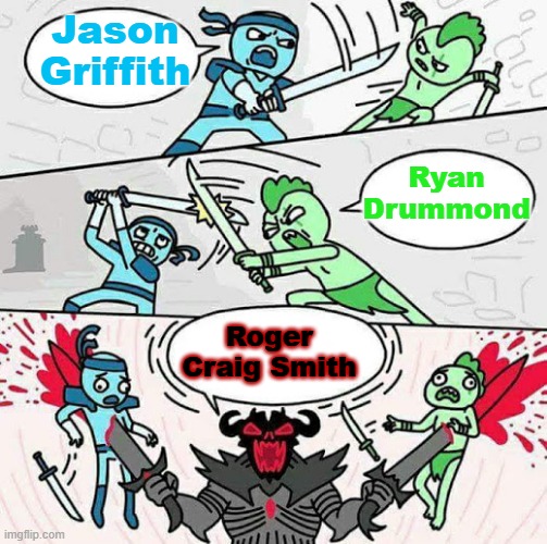 Sonic fans and voice actors | Jason Griffith; Ryan Drummond; Roger Craig Smith | image tagged in sword fight,sonic the hedgehog,sega,sonic,voice actor,fandom | made w/ Imgflip meme maker
