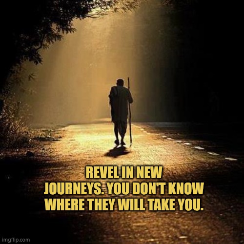 Revel in new journeys. You don't know where they will take you. | REVEL IN NEW JOURNEYS. YOU DON'T KNOW WHERE THEY WILL TAKE YOU. | image tagged in journey,challenge,be bold | made w/ Imgflip meme maker