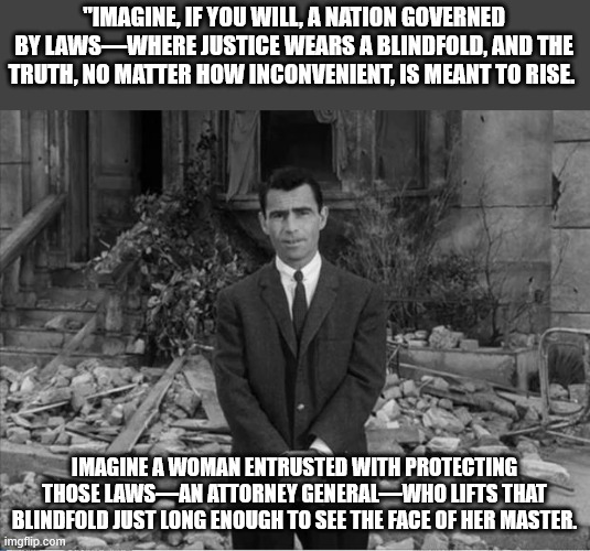 They're going to pardon Maxwell next. Just watch. | "IMAGINE, IF YOU WILL, A NATION GOVERNED BY LAWS—WHERE JUSTICE WEARS A BLINDFOLD, AND THE TRUTH, NO MATTER HOW INCONVENIENT, IS MEANT TO RISE. IMAGINE A WOMAN ENTRUSTED WITH PROTECTING THOSE LAWS—AN ATTORNEY GENERAL—WHO LIFTS THAT BLINDFOLD JUST LONG ENOUGH TO SEE THE FACE OF HER MASTER. | image tagged in rod sterling apocalypse | made w/ Imgflip meme maker