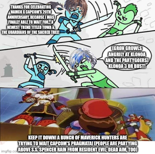 Sword fight | THANKS FOR CELEBRATING NAMCO X CAPCOM'S 20TH ANNIVERSARY, BECAUSE I WAS FINALLY ABLE TO WAIT FOR... A NEWEST TREND TITLED TOWA & THE GUARDIANS OF THE SACRED TREE! (GRØH GROWLS ANGRILY AT KLONOA AND THE PARTYGOERS) KLONOA 3 OR BUST! KEEP IT DOWN! A BUNCH OF MAVERICK HUNTERS ARE TRYING TO WAIT CAPCOM'S PRAGMATA! (PEOPLE ARE PARTYING ABOVE S.S. SPENCER RAIN FROM RESIDENT EVIL: DEAD AIM, TOO) | image tagged in sword fight,pragmata,soul calibur,party animal,klonoa,namco x capcom | made w/ Imgflip meme maker