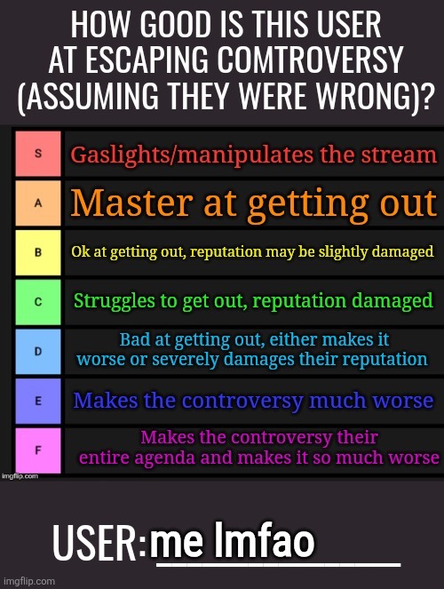 How good at escaping controversy? Template | me lmfao | image tagged in how good at escaping controversy template | made w/ Imgflip meme maker