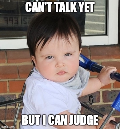 Can't talk but can judge | CAN'T TALK YET; BUT I CAN JUDGE | image tagged in not impressed,wtf,judge,judgemental | made w/ Imgflip meme maker