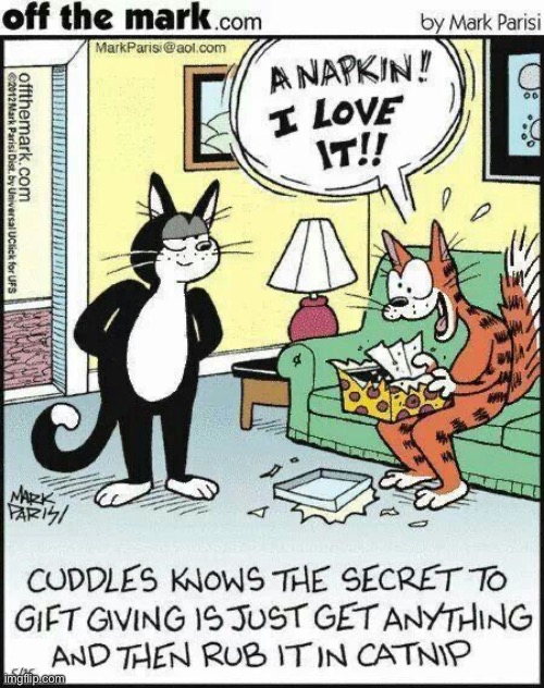 The power of “The “Nip”… | image tagged in cats,comics,off the mark,gift,catnip | made w/ Imgflip meme maker