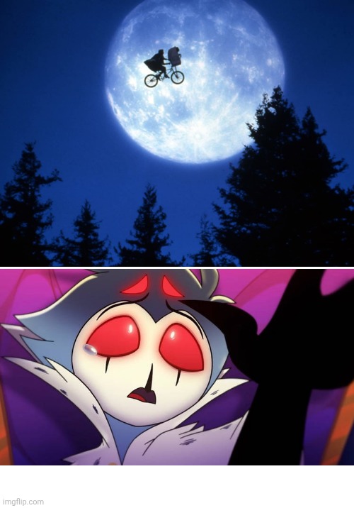 Stolas Wants E.T. And The Moon | image tagged in helluva boss,universal studios,steven spielberg | made w/ Imgflip meme maker