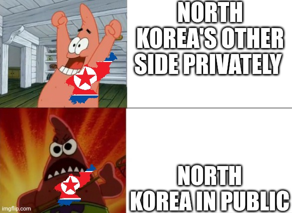 They knew too much | NORTH KOREA'S OTHER SIDE PRIVATELY; NORTH KOREA IN PUBLIC | image tagged in patrick star happy and angry,north korea,secret,kim jong un | made w/ Imgflip meme maker