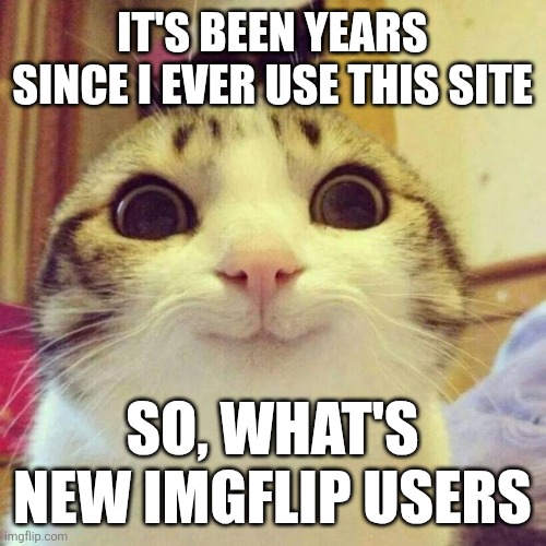 I finally remembered my password guys | IT'S BEEN YEARS SINCE I EVER USE THIS SITE; SO, WHAT'S NEW IMGFLIP USERS | image tagged in memes,smiling cat | made w/ Imgflip meme maker