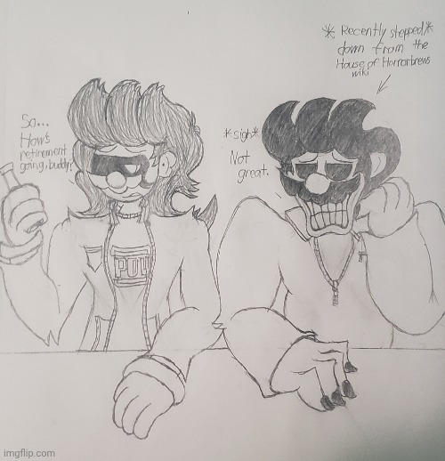 Haven't posted here in a while, so here's MX after losing his status as horrorbrew | image tagged in horrorbrew,retirement,drawing | made w/ Imgflip meme maker