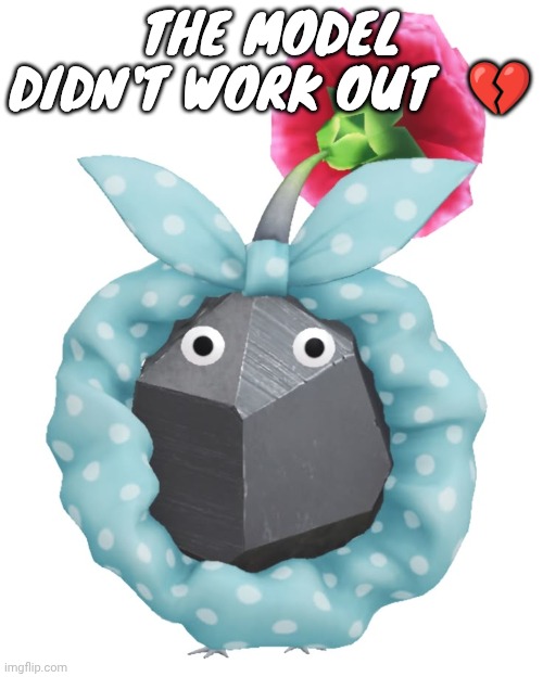 Accidentally ruined it | THE MODEL DIDN'T WORK OUT  💔 | image tagged in scrunchie rock pikmin | made w/ Imgflip meme maker