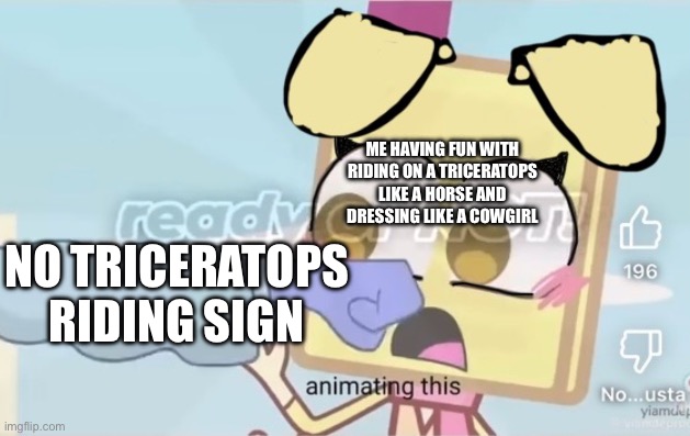Oh c’mon! | ME HAVING FUN WITH RIDING ON A TRICERATOPS LIKE A HORSE AND DRESSING LIKE A COWGIRL; NO TRICERATOPS RIDING SIGN | image tagged in shapy punches story book s face | made w/ Imgflip meme maker