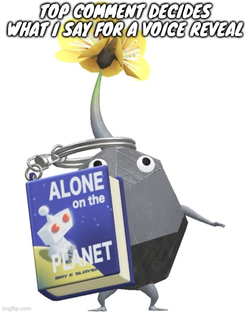 Book rock pikmin | TOP COMMENT DECIDES WHAT I SAY FOR A VOICE REVEAL | image tagged in book rock pikmin | made w/ Imgflip meme maker