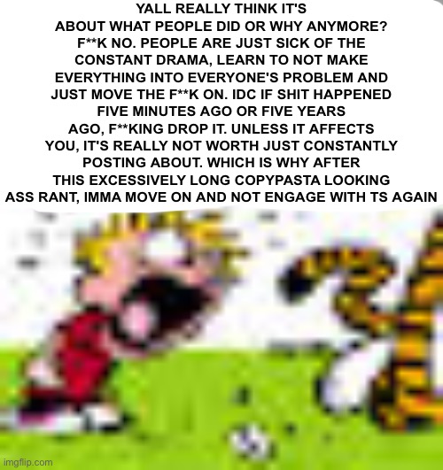 I’m being a mean person. | YALL REALLY THINK IT'S ABOUT WHAT PEOPLE DID OR WHY ANYMORE? F**K NO. PEOPLE ARE JUST SICK OF THE CONSTANT DRAMA, LEARN TO NOT MAKE EVERYTHING INTO EVERYONE'S PROBLEM AND JUST MOVE THE F**K ON. IDC IF SHIT HAPPENED FIVE MINUTES AGO OR FIVE YEARS AGO, F**KING DROP IT. UNLESS IT AFFECTS YOU, IT'S REALLY NOT WORTH JUST CONSTANTLY POSTING ABOUT. WHICH IS WHY AFTER THIS EXCESSIVELY LONG COPYPASTA LOOKING ASS RANT, IMMA MOVE ON AND NOT ENGAGE WITH TS AGAIN | image tagged in calvin and hobbes you can't do that | made w/ Imgflip meme maker