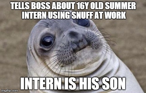 Awkward Moment Sealion Meme | TELLS BOSS ABOUT 16Y OLD SUMMER INTERN
USING SNUFF AT WORK INTERN IS HIS SON | image tagged in memes,awkward moment sealion | made w/ Imgflip meme maker