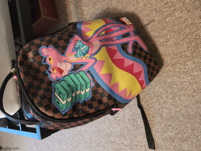 got that bape spraygrounds !!!! | image tagged in bape,pink panther,spraygrounds,backpack | made w/ Imgflip meme maker