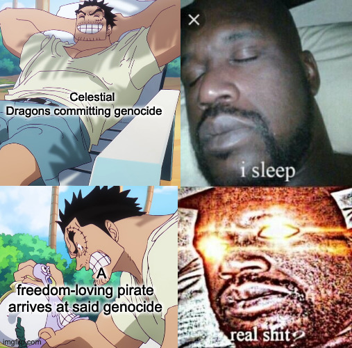 Sleeping Shaq Meme | Celestial Dragons committing genocide; A freedom-loving pirate arrives at said genocide | image tagged in memes,sleeping shaq | made w/ Imgflip meme maker