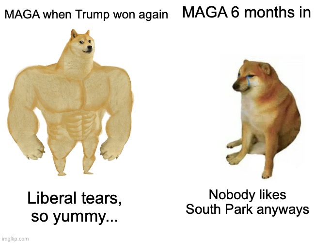 Hoes mad | MAGA 6 months in; MAGA when Trump won again; Nobody likes South Park anyways; Liberal tears,
so yummy... | image tagged in politics,political meme | made w/ Imgflip meme maker