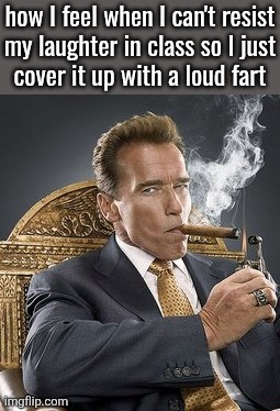 Arnold schwarzenegger | how I feel when I can't resist
my laughter in class so I just
cover it up with a loud fart | image tagged in arnold schwarzenegger | made w/ Imgflip meme maker