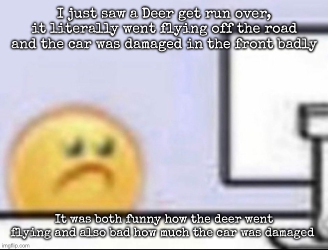 Zad | I just saw a Deer get run over, it literally went flying off the road and the car was damaged in the front badly; It was both funny how the deer went flying and also bad how much the car was damaged | image tagged in zad,msmg | made w/ Imgflip meme maker