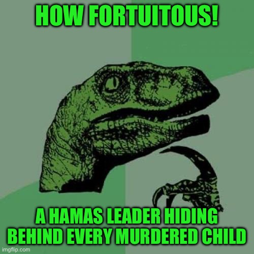 Philosoraptor | HOW FORTUITOUS! A HAMAS LEADER HIDING BEHIND EVERY MURDERED CHILD | image tagged in memes,philosoraptor | made w/ Imgflip meme maker