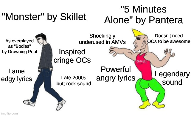 Fake Edgy vs Real Edgy | "Monster" by Skillet; "5 Minutes Alone" by Pantera; Shockingly underused in AMVs; Doesn't need OCs to be awesome; As overplayed as "Bodies" by Drowning Pool; Inspired cringe OCs; Powerful angry lyrics; Legendary sound; Lame edgy lyrics; Late 2000s butt rock sound | image tagged in virgin vs chad,memes,music,anime,rock music,fandom | made w/ Imgflip meme maker