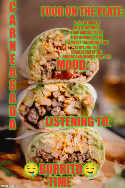 CarneAsada announcement template | 4/10 I'M BIASED BC ITS MY FIRST TEMP AND MY AT THE TIME GF MADE IT BUT ITS MESSY THE FORMATTING IS OFF. NOT THE BIGGEST FAN OF THE COLORS AND DEFAULT FONT TOO | image tagged in carneasada announcement template | made w/ Imgflip meme maker
