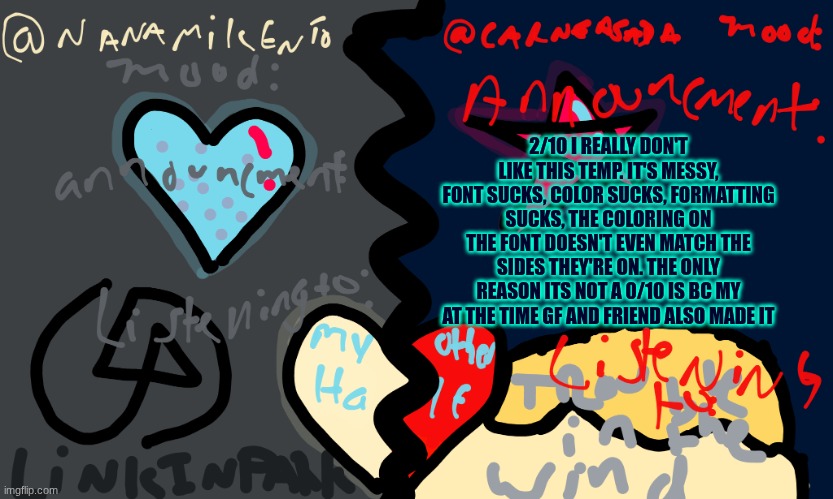 CarneAsada + Nanami-Kento announcement template | 2/10 I REALLY DON'T LIKE THIS TEMP. IT'S MESSY, FONT SUCKS, COLOR SUCKS, FORMATTING SUCKS, THE COLORING ON THE FONT DOESN'T EVEN MATCH THE SIDES THEY'RE ON. THE ONLY REASON ITS NOT A 0/10 IS BC MY AT THE TIME GF AND FRIEND ALSO MADE IT | image tagged in carneasada nanami-kento announcement template | made w/ Imgflip meme maker