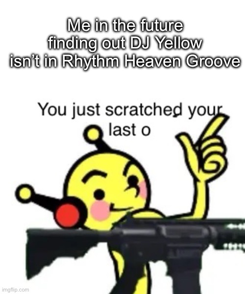 I need my obligatory DJ school reference | Me in the future finding out DJ Yellow isn’t in Rhythm Heaven Groove | image tagged in you just scratched your last o | made w/ Imgflip meme maker