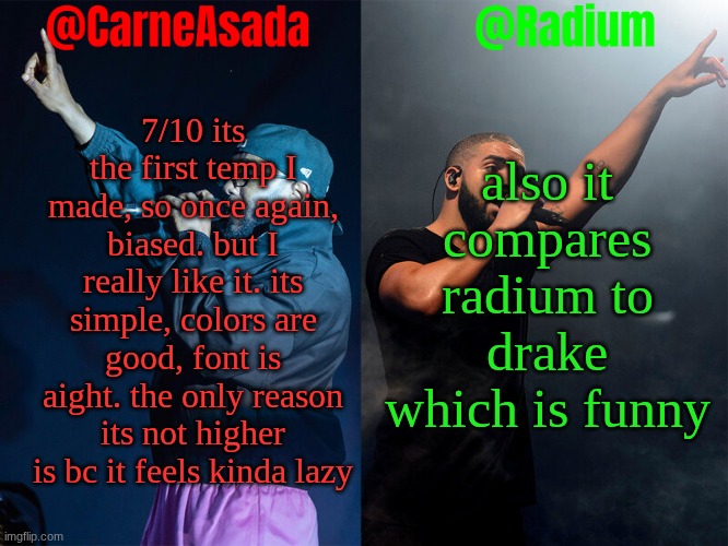 Radium and CarneAsada announcement template | 7/10 its the first temp I made, so once again, biased. but I really like it. its simple, colors are good, font is aight. the only reason its not higher is bc it feels kinda lazy; also it compares radium to drake which is funny | image tagged in radium and carneasada announcement template | made w/ Imgflip meme maker