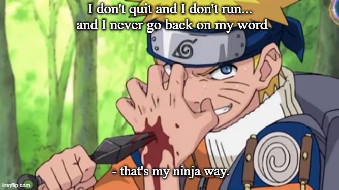 I don't quit and I don't run... 
and I never go back on my word; - that's my ninja way. | made w/ Imgflip meme maker
