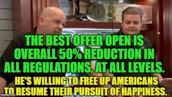 Pawn Stars Best I Can Do | THE BEST OFFER OPEN IS OVERALL 50% REDUCTION IN ALL REGULATIONS, AT ALL LEVELS. HE'S WILLING TO FREE UP AMERICANS TO RESUME THEIR PURSUIT OF HAPPINESS. | image tagged in pawn stars best i can do | made w/ Imgflip meme maker