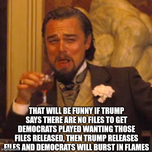 Laughing Leo Meme | THAT WILL BE FUNNY IF TRUMP SAYS THERE ARE NO FILES TO GET DEMOCRATS PLAYED WANTING THOSE FILES RELEASED, THEN TRUMP RELEASES FILES AND DEMO | image tagged in memes,laughing leo | made w/ Imgflip meme maker