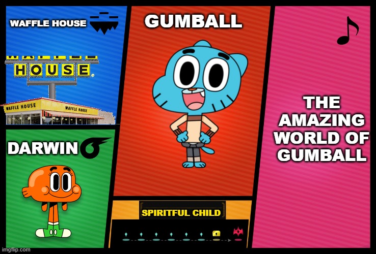 if gumball was in super smash | WAFFLE HOUSE; GUMBALL; THE AMAZING WORLD OF GUMBALL; DARWIN; SPIRITFUL CHILD | image tagged in smash ultimate dlc fighter profile | made w/ Imgflip meme maker