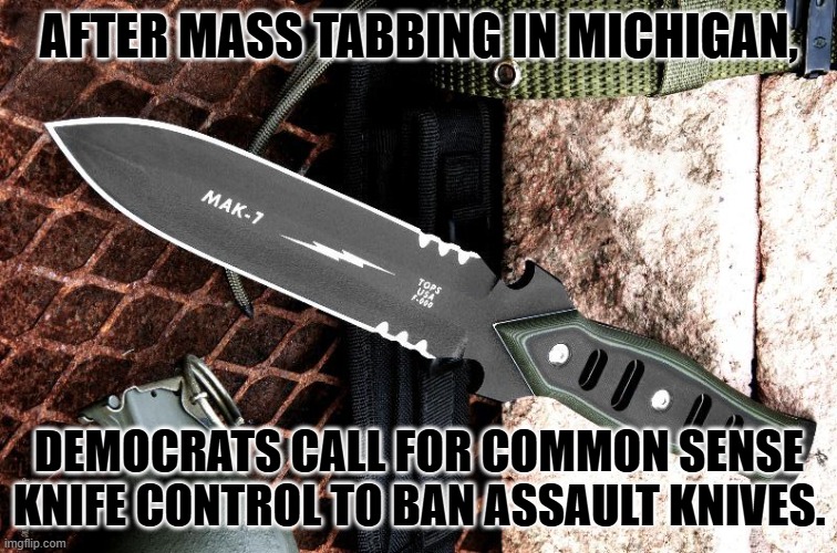 After this the sharpest knife you'll be allowed to own is a spork. | AFTER MASS TABBING IN MICHIGAN, DEMOCRATS CALL FOR COMMON SENSE KNIFE CONTROL TO BAN ASSAULT KNIVES. | image tagged in assault knife | made w/ Imgflip meme maker