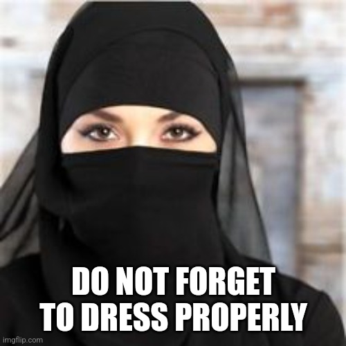 muslim woman | DO NOT FORGET TO DRESS PROPERLY | image tagged in muslim woman | made w/ Imgflip meme maker