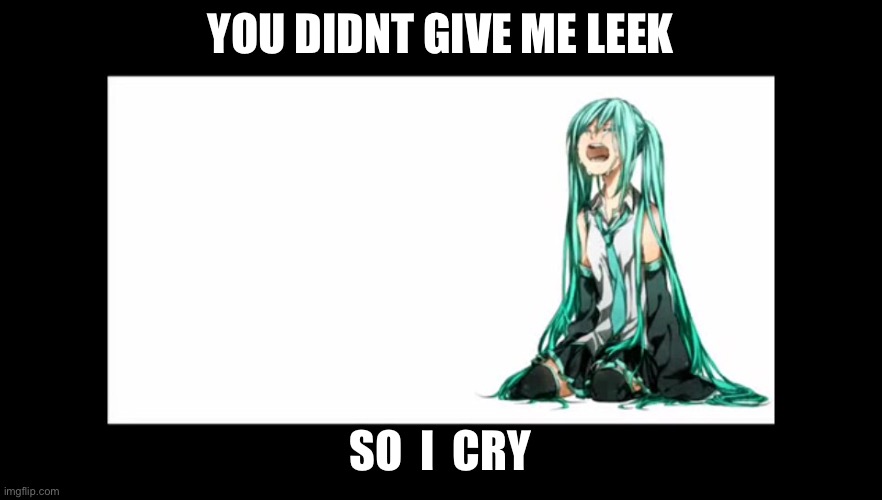 crying miku hatsune | YOU DIDNT GIVE ME LEEK; SO  I  CRY | image tagged in crying miku hatsune | made w/ Imgflip meme maker