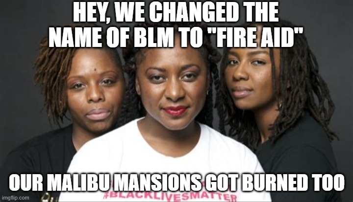 BLM Marxists Leaders | HEY, WE CHANGED THE NAME OF BLM TO "FIRE AID" OUR MALIBU MANSIONS GOT BURNED TOO | image tagged in blm marxists leaders | made w/ Imgflip meme maker