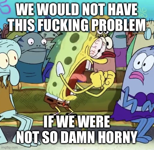 Spongebob Yelling | WE WOULD NOT HAVE THIS FUCKING PROBLEM IF WE WERE NOT SO DAMN HORNY | image tagged in spongebob yelling | made w/ Imgflip meme maker