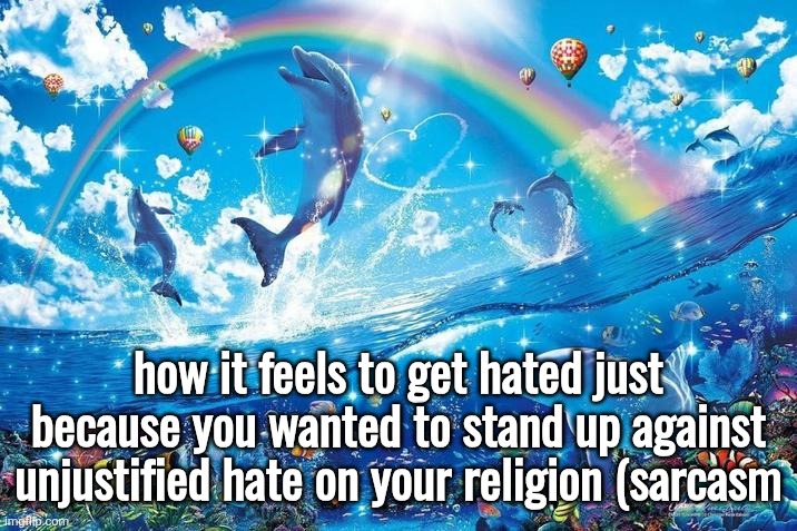 Happy dolphin rainbow | how it feels to get hated just because you wanted to stand up against unjustified hate on your religion (sarcasm | image tagged in happy dolphin rainbow | made w/ Imgflip meme maker