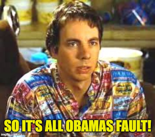 Idiocracy Frito | SO IT'S ALL OBAMAS FAULT! | image tagged in idiocracy frito | made w/ Imgflip meme maker