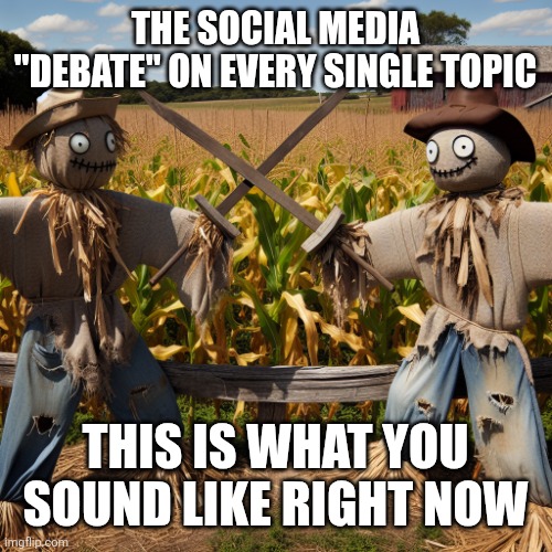 Strawman v. Strawman | THE SOCIAL MEDIA "DEBATE" ON EVERY SINGLE TOPIC; THIS IS WHAT YOU SOUND LIKE RIGHT NOW | image tagged in dueling scarecrows,strawman,debate,social media,meme man smart,smartass | made w/ Imgflip meme maker