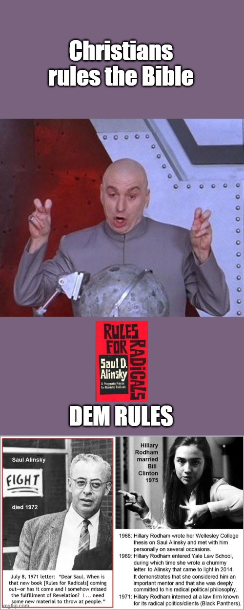 Learn their rules before you play their game. Alinsky's Rules for Radicals. | Christians rules the Bible; DEM RULES | image tagged in memes,dr evil laser | made w/ Imgflip meme maker