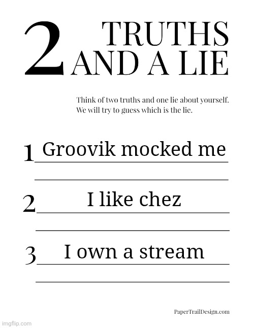 2 Truths and a Lie | Groovik mocked me I like chez I own a stream | image tagged in 2 truths and a lie | made w/ Imgflip meme maker